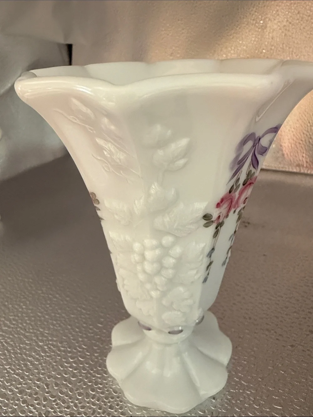 Vintage Westmoreland Flared Trumpet “ Roses and Bows” hand painted Vase